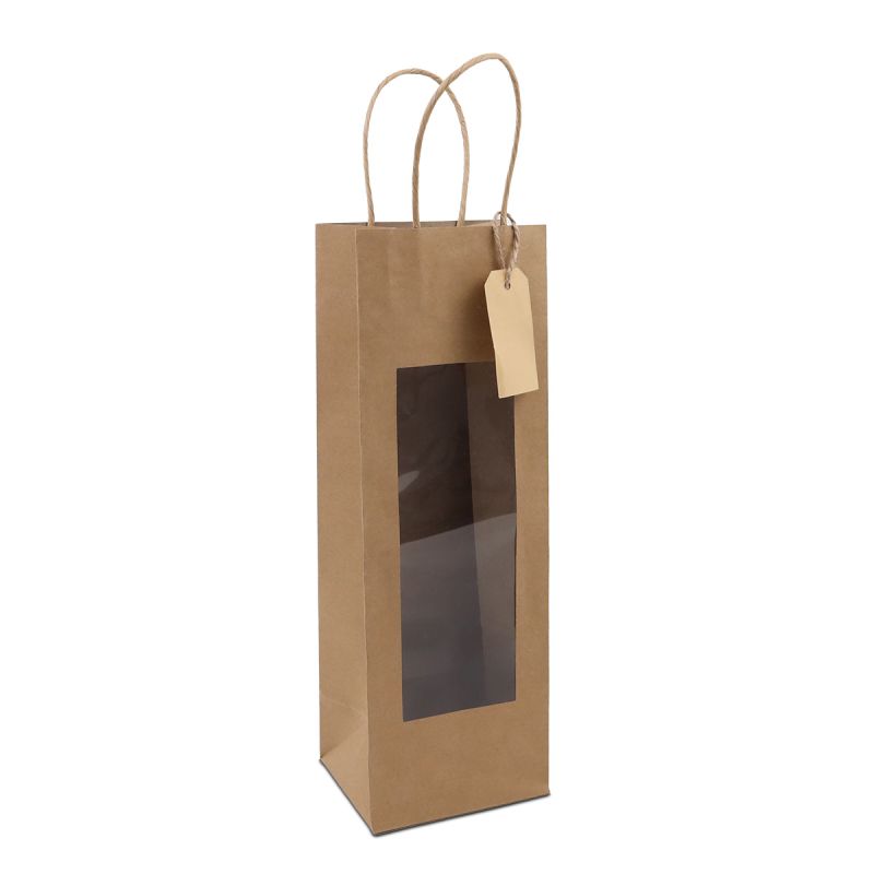 Twisted paper gift bags with window and hang tag